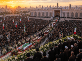State funeral of former Iranian Supreme Leader Ali Khamenei in Tehran with mourners gathered during funeral prayers.