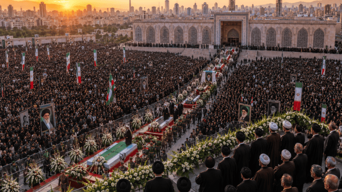 State funeral of former Iranian Supreme Leader Ali Khamenei in Tehran with mourners gathered during funeral prayers.