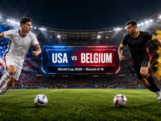 Argentina vs Egypt FIFA World Cup 2026 Round of 16 match preview with generic football players in a modern stadium.