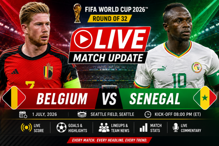 Belgium and Senegal players in action during the FIFA World Cup 2026 Round of 32 live knockout match.