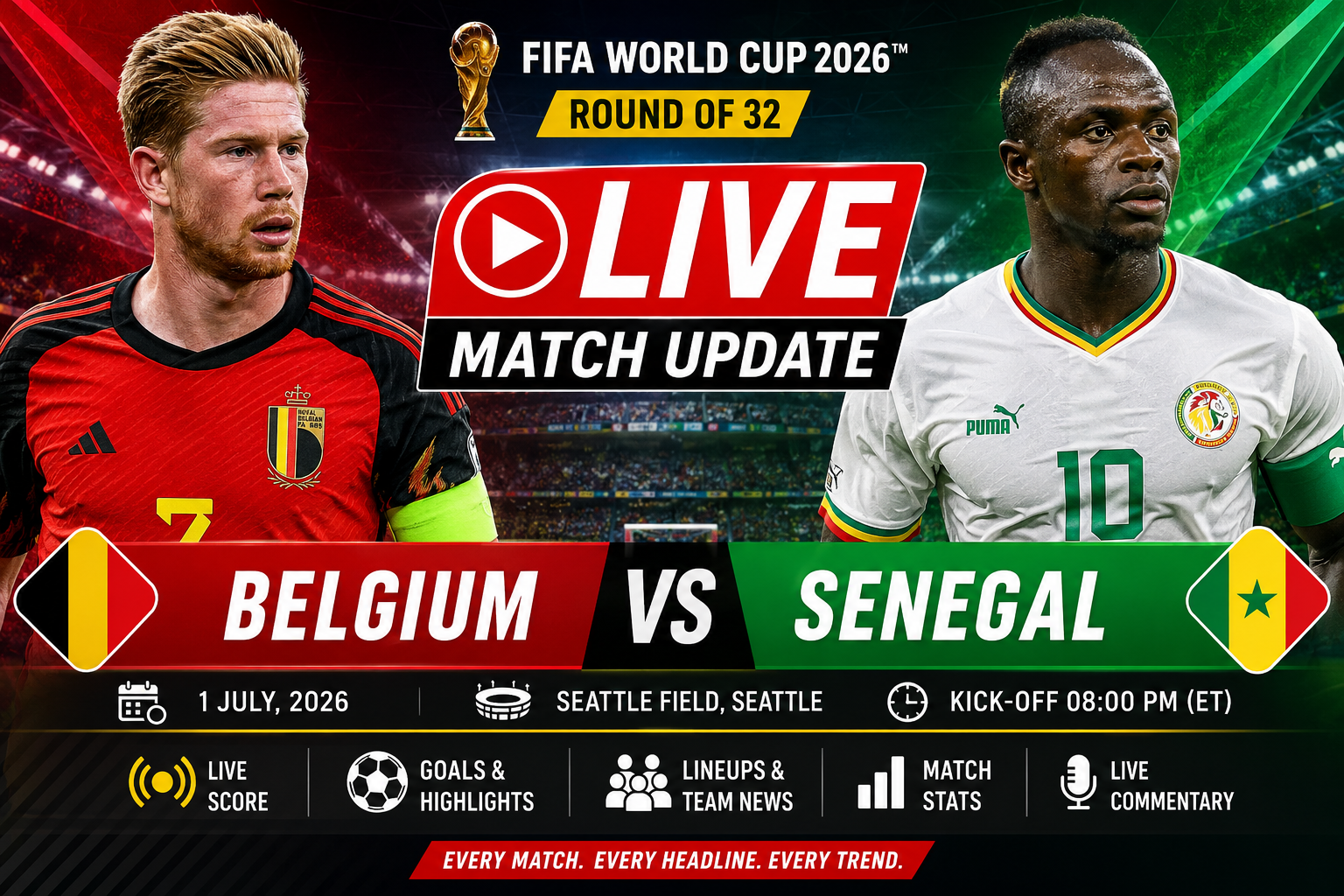 Belgium and Senegal players in action during the FIFA World Cup 2026 Round of 32 live knockout match.