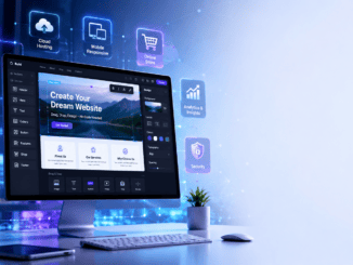 Illustration comparing popular website builders including drag-and-drop editors, eCommerce features, SEO tools, and responsive website design.