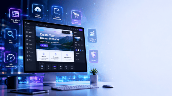 Illustration comparing popular website builders including drag-and-drop editors, eCommerce features, SEO tools, and responsive website design.