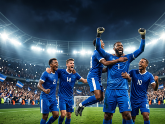 Generic Cabo Verde-inspired football players celebrating after reaching the FIFA World Championship knockout stage.
