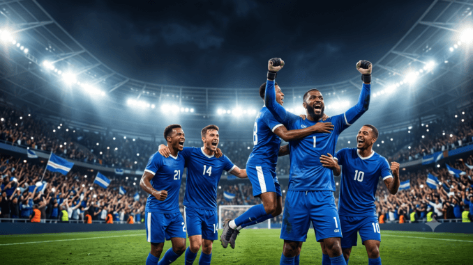Generic Cabo Verde-inspired football players celebrating after reaching the FIFA World Championship knockout stage.
