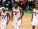 Joel Embiid protects basket during Philadelphia 76ers defensive possession in game