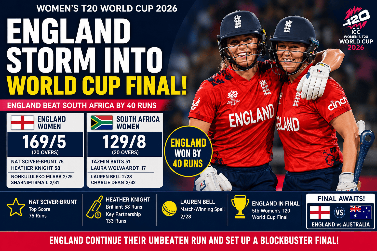 England Women celebrate after defeating South Africa Women by 40 runs in the Women's T20 World Cup 2026 semi-final.