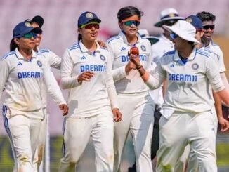 England Women and India Women players during the historic first women's Test match at Lord's Cricket Ground.