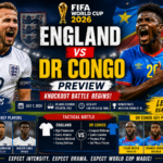 England and DR Congo players during the live FIFA World Cup 2026 Round of 32 match with live score updates.
