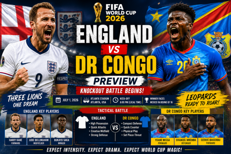 England and DR Congo players during the live FIFA World Cup 2026 Round of 32 match with live score updates.