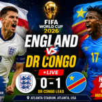 England and DR Congo players during the FIFA World Cup 2026 Round of 32 knockout match with DR Congo leading 1-0 in Atlanta.