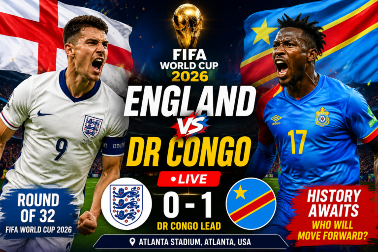 England and DR Congo players during the FIFA World Cup 2026 Round of 32 knockout match with DR Congo leading 1-0 in Atlanta.