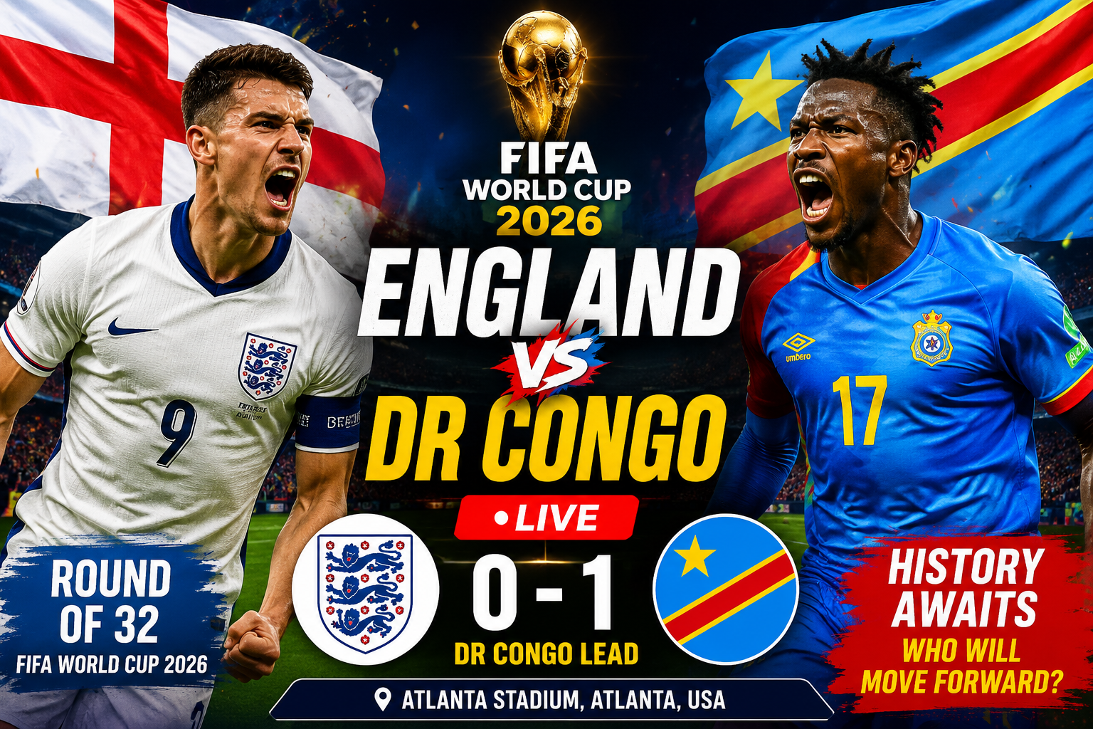 England and DR Congo players during the FIFA World Cup 2026 Round of 32 knockout match with DR Congo leading 1-0 in Atlanta.