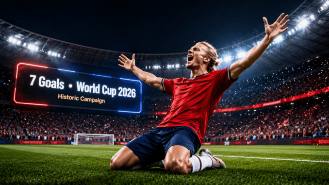Erling Haaland celebrating for Norway during the FIFA World Cup 2026 with a football stadium background.