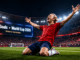 Erling Haaland celebrating for Norway during the FIFA World Cup 2026 with a football stadium background.