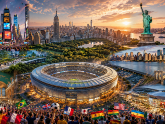 FIFA World Cup 2026 travel guide featuring MetLife Stadium, Times Square, Statue of Liberty, Central Park, and New York skyline.