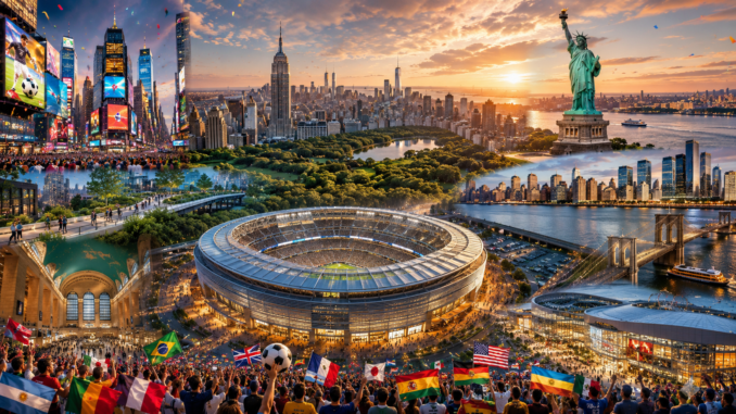 FIFA World Cup 2026 New York Travel Guide FIFA World Cup 2026 travel guide featuring MetLife Stadium, Times Square, Statue of Liberty, Central Park, and New York skyline.