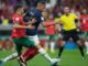 France and Morocco players contest the ball during a FIFA World Cup 2026 quarterfinal match preview.