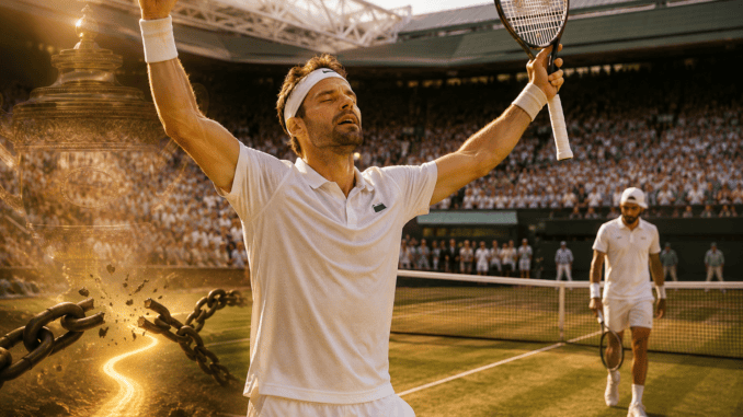 Grigor Dimitrov celebrates after defeating Matteo Berrettini at Wimbledon 2026.