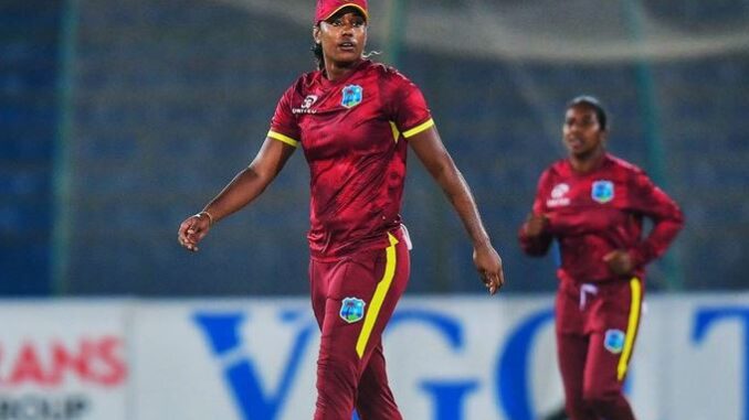 Hayley Matthews celebrates her unbeaten 159 during the first ODI between West Indies Women and Ireland Wom