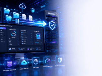 Illustration of migrating a WordPress website between hosting servers using backups, databases, cloud hosting, and secure file transfer.
