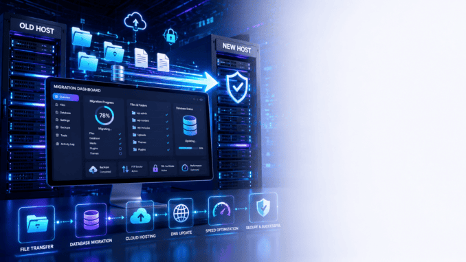 Illustration of migrating a WordPress website between hosting servers using backups, databases, cloud hosting, and secure file transfer.