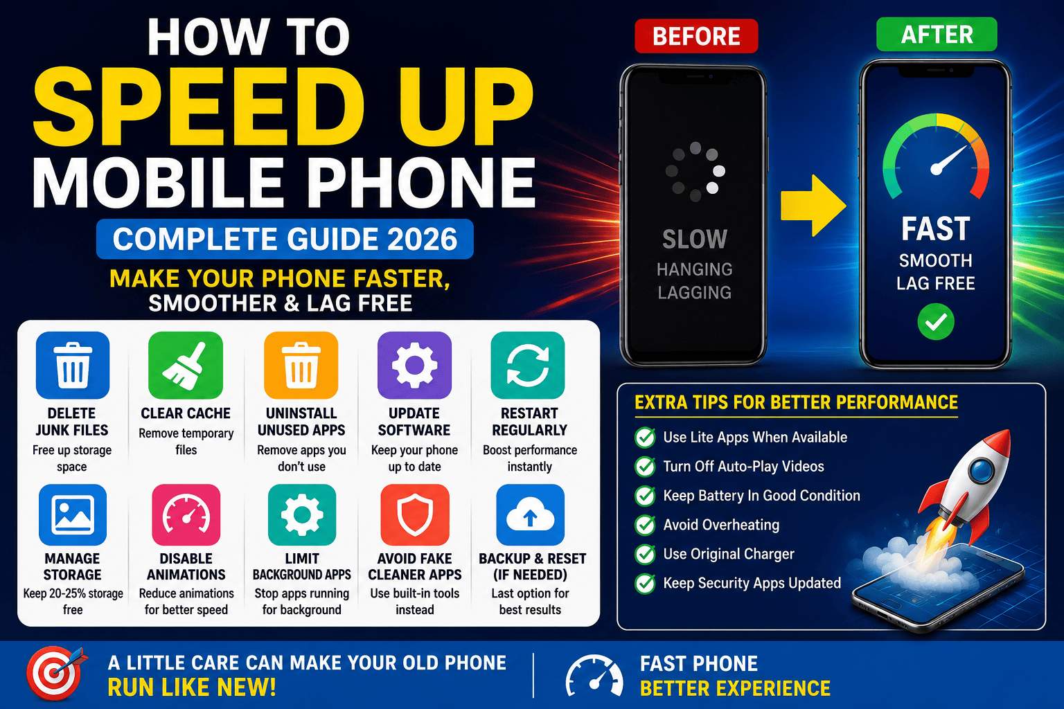 Infographic showing practical tips to speed up a slow mobile phone in 2026, including clearing cache, deleting junk files, updating software, freeing storage, and removing unused apps.