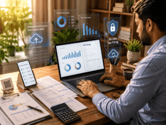 Business owner filing Income Tax Return with UPI payments, Annual Information Statement, laptop, smartphone, and financial documents.