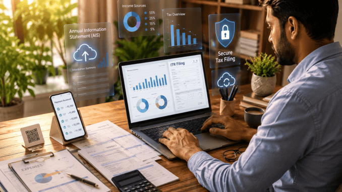 ITR Filing 2026 for Home Businesses Business owner filing Income Tax Return with UPI payments, Annual Information Statement, laptop, smartphone, and financial documents.