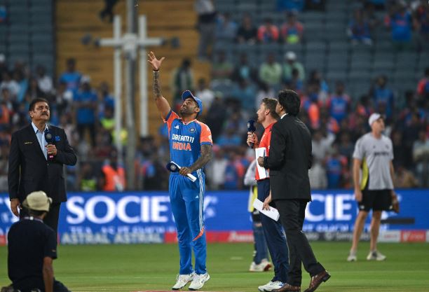 India captain Shreyas Iyer and England captain Harry Brook during the toss before the first T20I at Riverside Ground, Chester-le-Street.