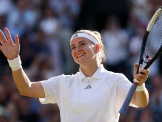 Karolina Muchova celebrates victory over Coco Gauff during the Wimbledon 2026 women's semifinal.