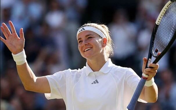 Karolina Muchova celebrates victory over Coco Gauff during the Wimbledon 2026 women's semifinal.