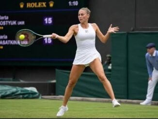 Marta Kostyuk celebrates after defeating Linda Noskova in the Wimbledon 2026 semifinal.