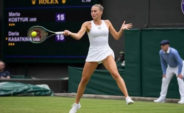 Marta Kostyuk celebrates after defeating Linda Noskova in the Wimbledon 2026 semifinal.