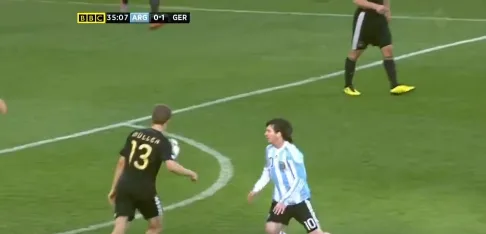Thomas Muller challenges Lionel Messi during the 2010 FIFA World Cup quarterfinal