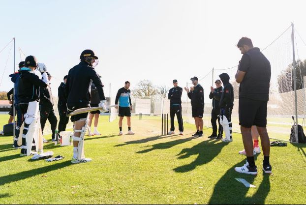 New Zealand captain Mitchell Santner with Matt Fisher after the ODI squad announcement for the West Indies series.