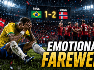 Generic football player inspired by Brazil sitting on the pitch after an emotional FIFA World Cup 2026 defeat.