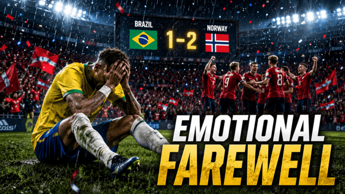 Neymar Emotional Farewell Brazil World Cup 2026 Generic football player inspired by Brazil sitting on the pitch after an emotional FIFA World Cup 2026 defeat.