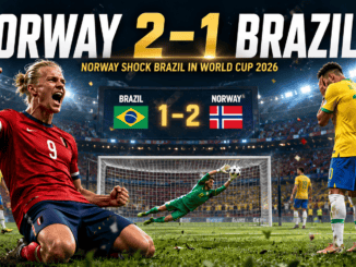 Erling Haaland celebrates after scoring against Brazil during the FIFA World Cup 2026 Round of 16 match.