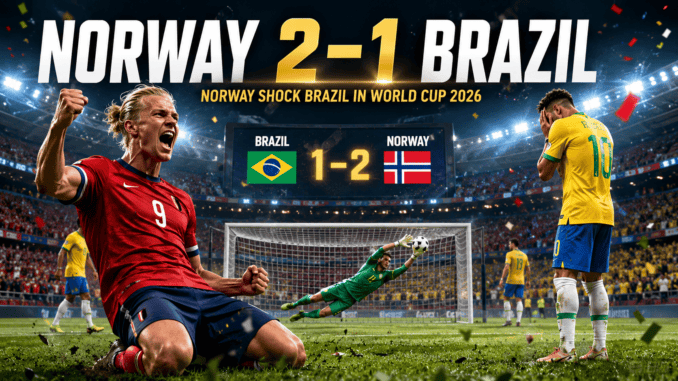 Erling Haaland celebrates after scoring against Brazil during the FIFA World Cup 2026 Round of 16 match.
