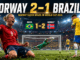 Erling Haaland celebrates after scoring against Brazil during the FIFA World Cup 2026 Round of 16 match.