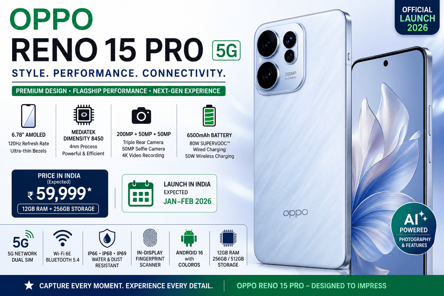 OPPO Reno 15 Pro smartphone featuring AMOLED display, triple rear camera, and premium design.