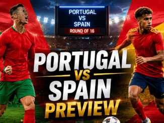 Portugal vs Spain Round of 16 preview featuring Cristiano Ronaldo and Lamine Yamal in a dramatic football stadium.