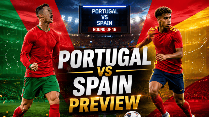 Portugal vs Spain Round of 16 preview featuring Cristiano Ronaldo and Lamine Yamal in a dramatic football stadium.