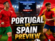 Portugal vs Spain Round of 16 preview featuring Cristiano Ronaldo and Lamine Yamal in a dramatic football stadium.