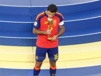 Rodri celebrates after winning the FIFA World Cup 2026 Golden Ball following Spain's World Cup victory.