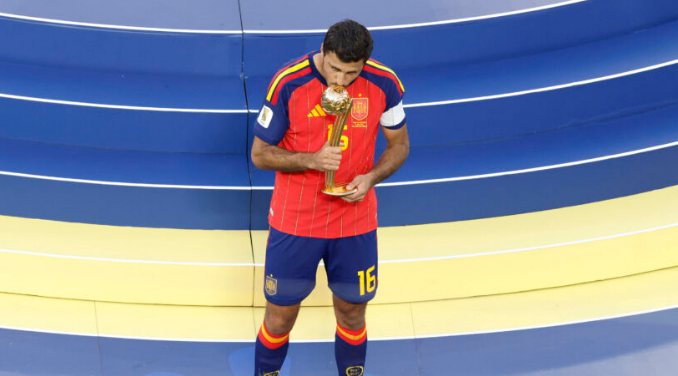 Rodri FIFA World Cup 2026 Golden Ball Rodri celebrates after winning the FIFA World Cup 2026 Golden Ball following Spain's World Cup victory.
