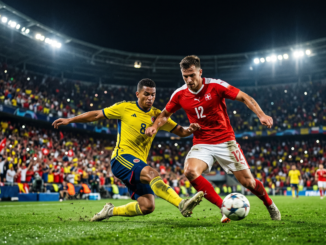 Switzerland and Colombia players competing during the FIFA World Championship Round of 16 preview match.