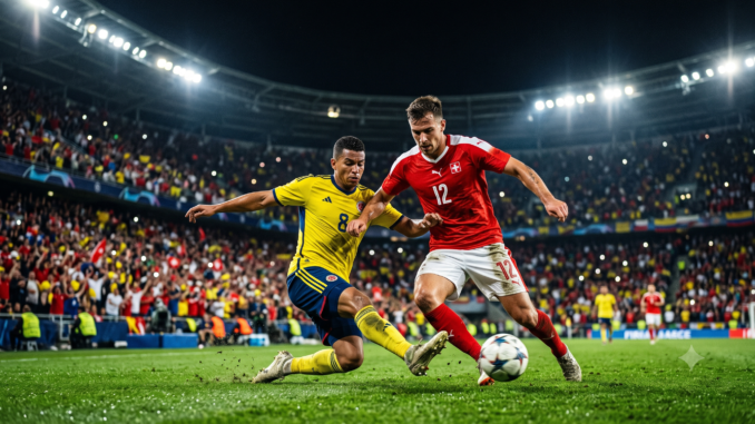 Switzerland and Colombia players competing during the FIFA World Championship Round of 16 preview match.