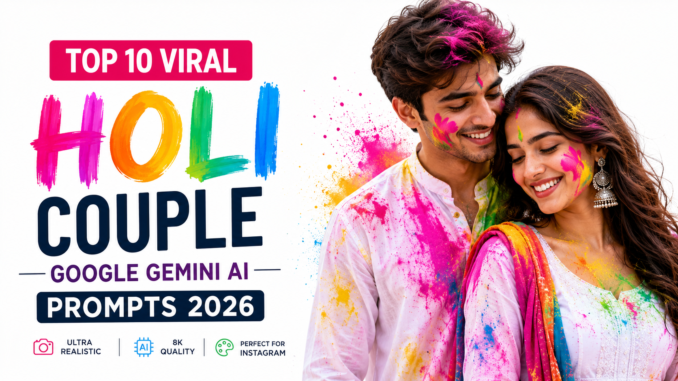 Top Holi Couple Google Gemini AI Prompts 2026 Viral Instagram Holi Couple Google Gemini AI Prompts 2026 for realistic AI-generated festival images